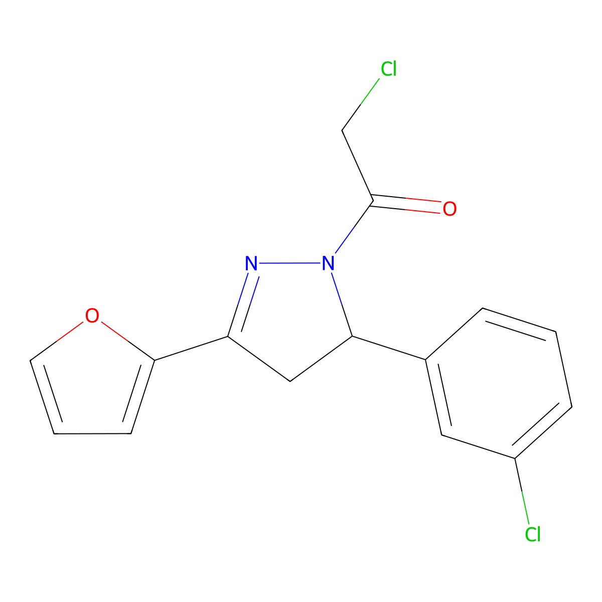 2-chloro-1-(5-(3-chlorophenyl)-3-(furan-2-yl)-4,5-dihydro-1H-pyrazol-1-yl)ethan-1-one molecular structure, CAS 1808585-44-5