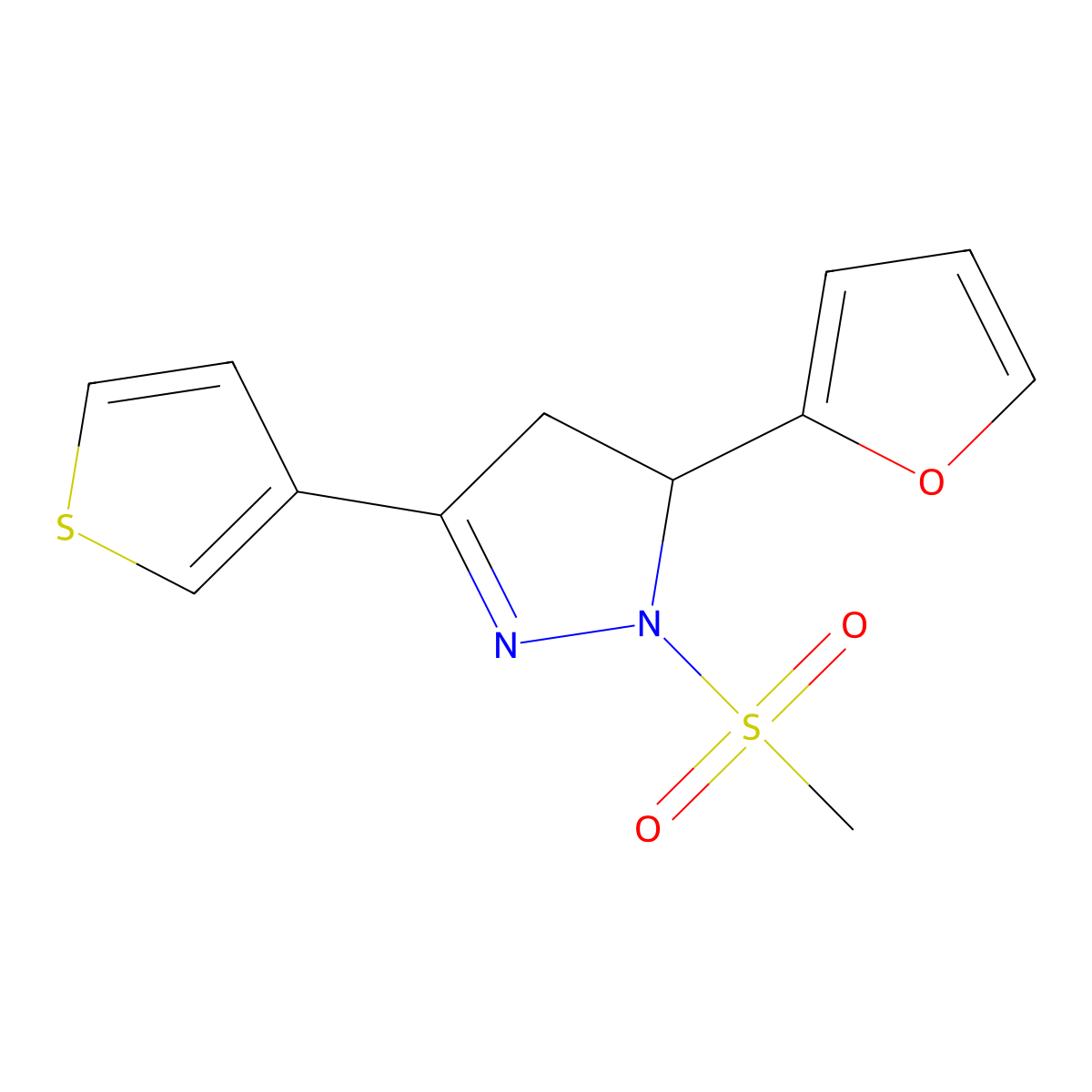 5-(furan-2-yl)-1-methanesulfonyl-3-(thiophen-3-yl)-4,5-dihydro-1H-pyrazole molecular structure, CAS 1808625-36-6