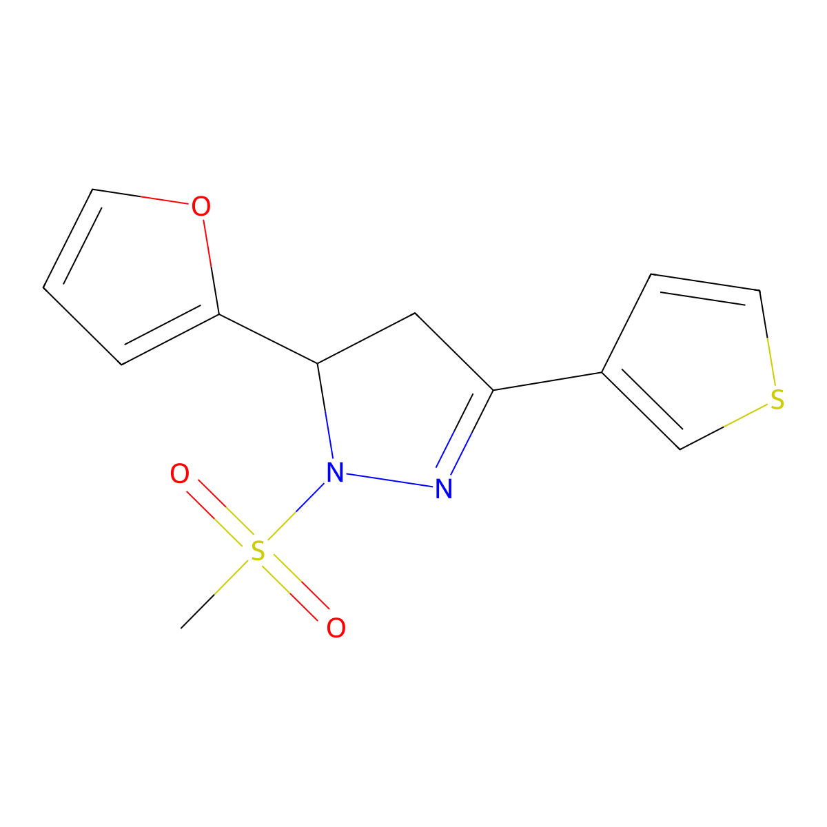 5-(furan-2-yl)-1-methanesulfonyl-3-(thiophen-3-yl)-4,5-dihydro-1H-pyrazole molecular structure, CAS 1808625-36-6