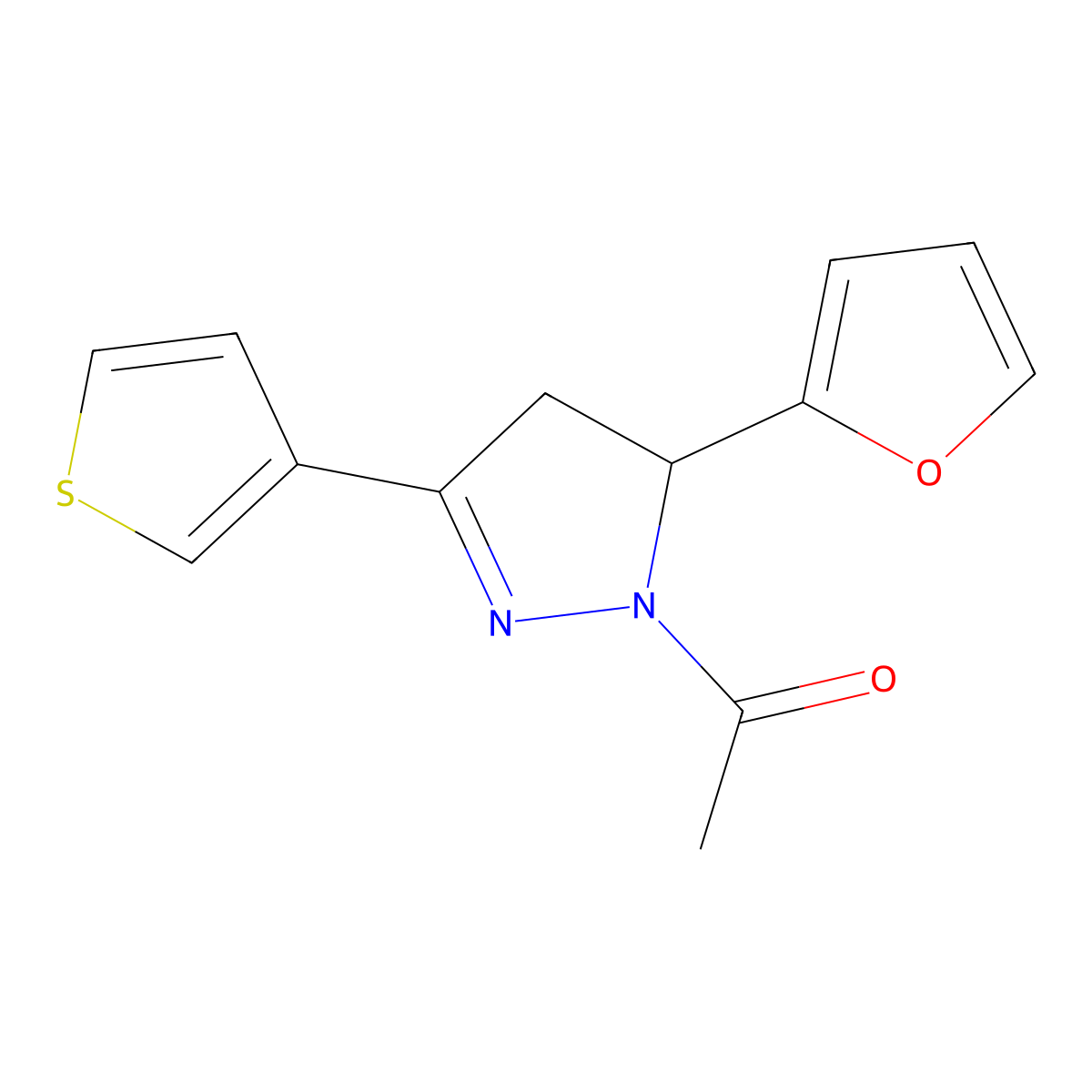 1-[5-(furan-2-yl)-3-(thiophen-3-yl)-4,5-dihydro-1H-pyrazol-1-yl]ethan-1-one molecular structure, CAS 1808706-74-2