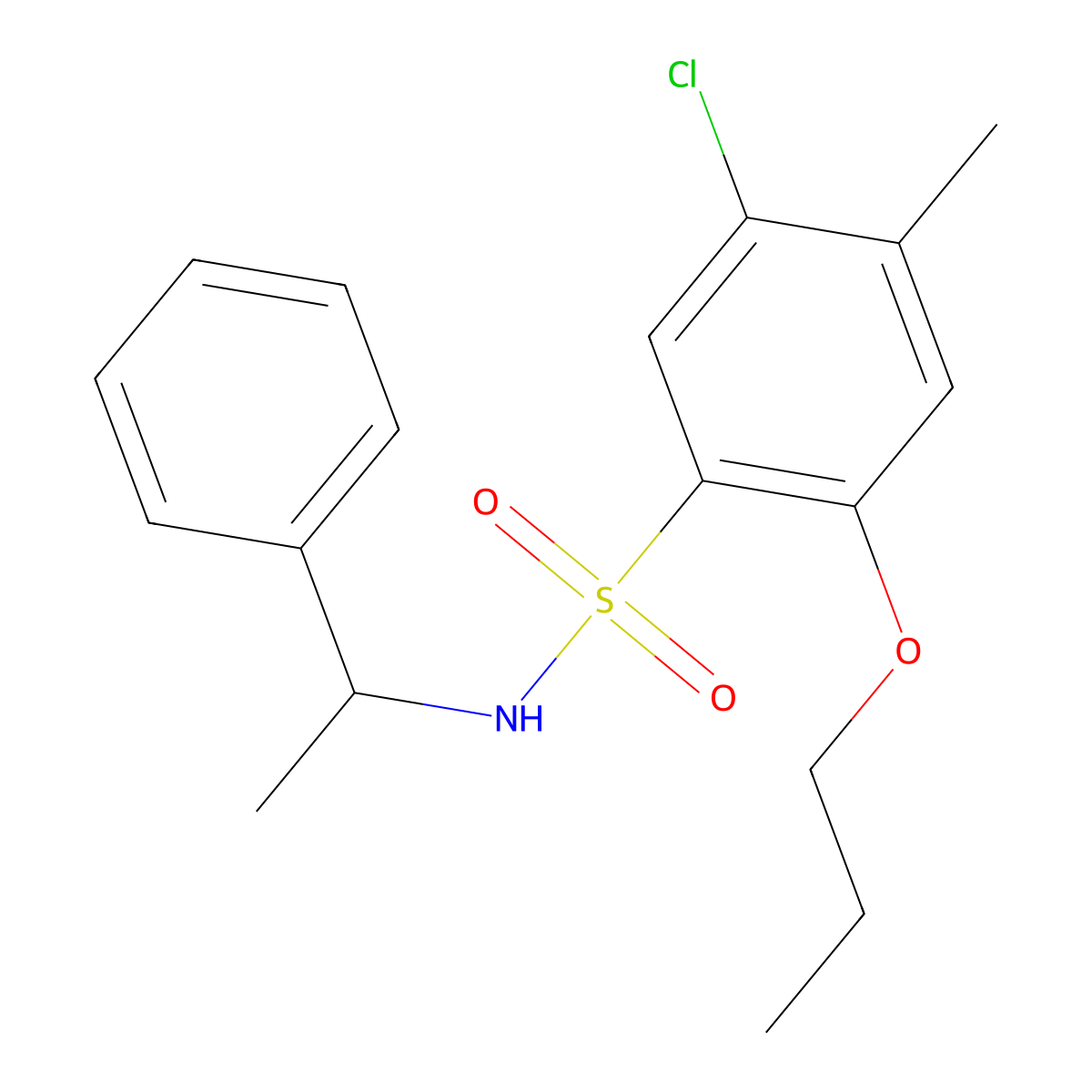 5-chloro-4-methyl-N-(1-phenylethyl)-2-propoxybenzene-1-sulfonamide molecular structure, CAS 1808731-95-4