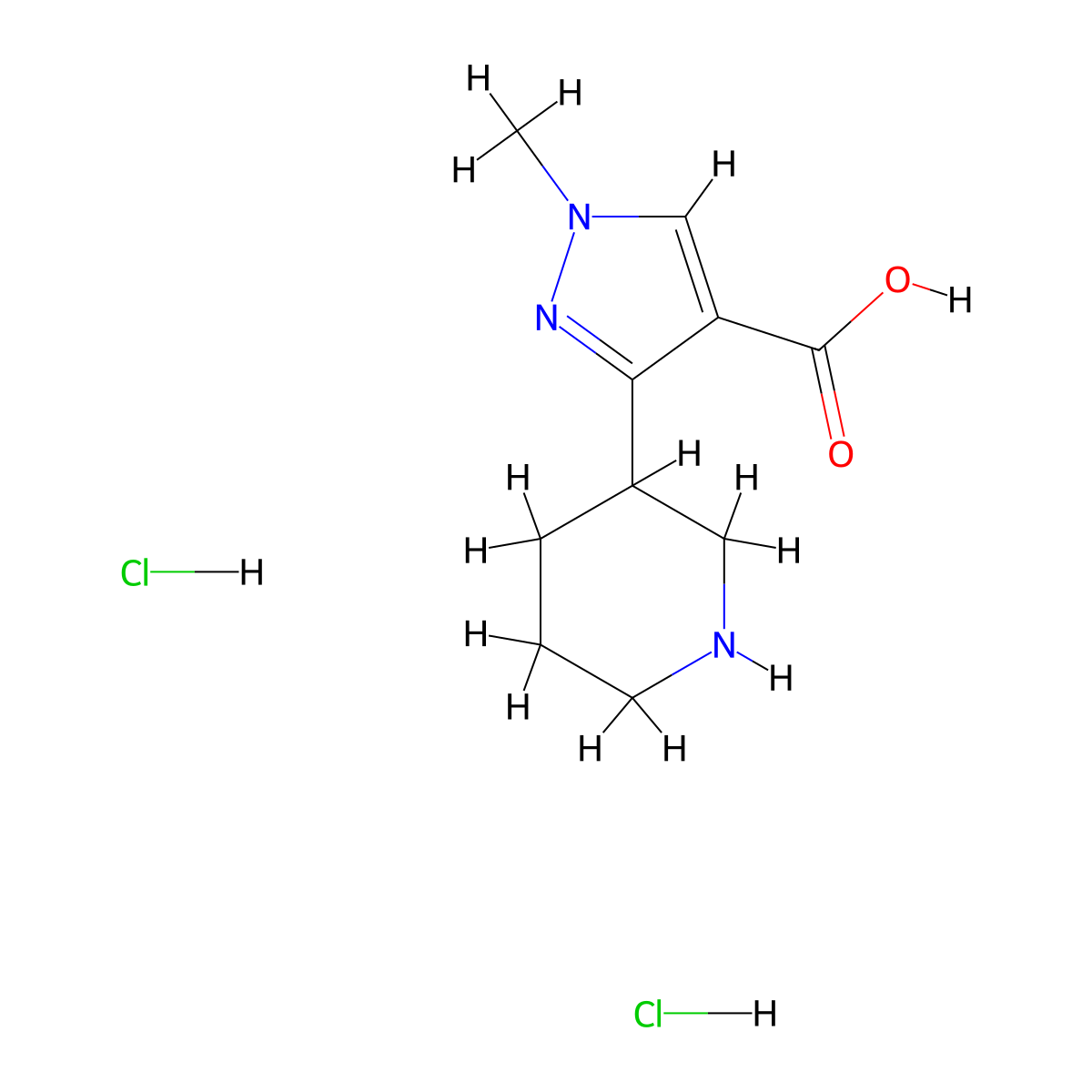 1-methyl-3-(piperidin-3-yl)-1H-pyrazole-4-carboxylic acid dihydrochloride molecular structure, CAS 1808843-57-3