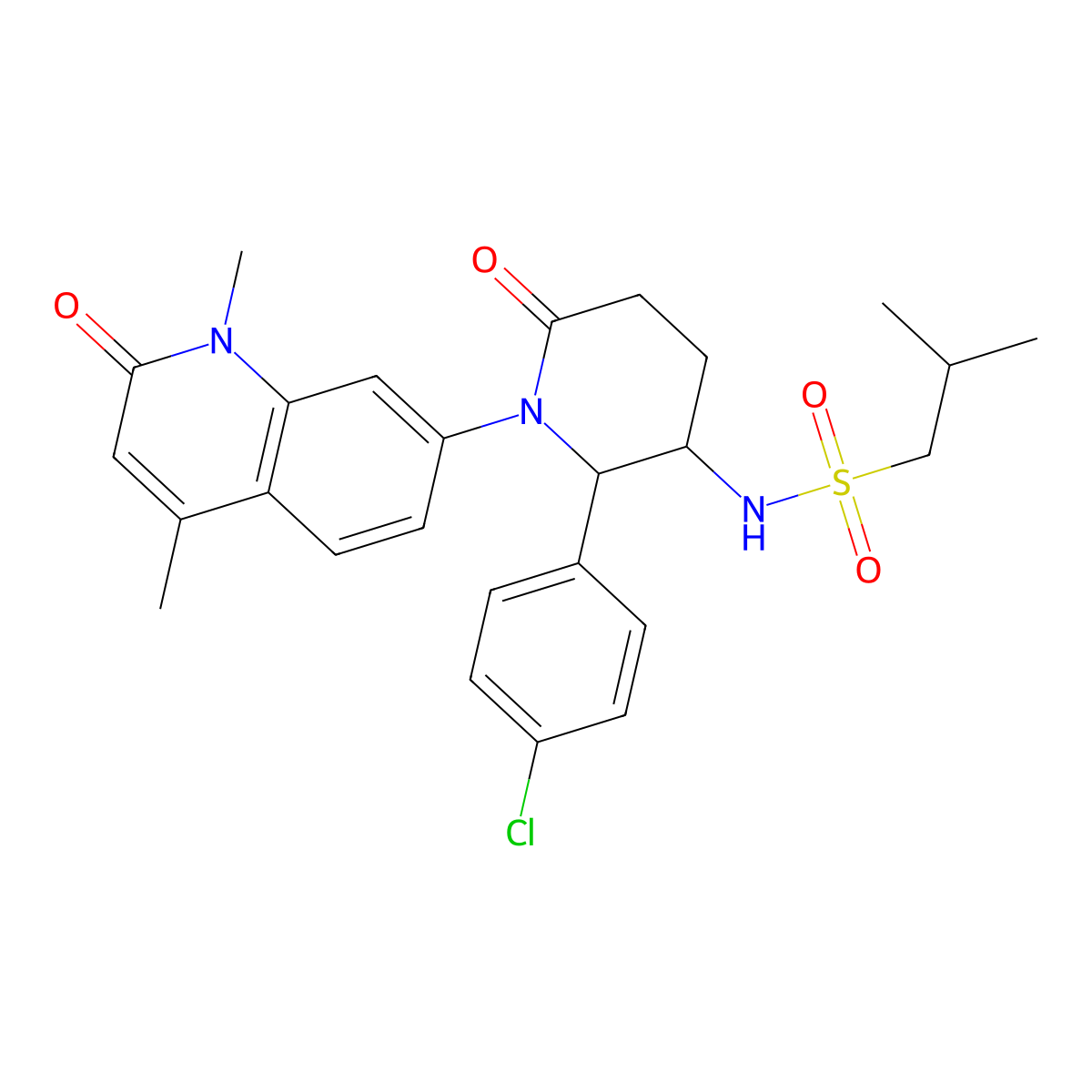 N-((2R,3S)-2-(4-chlorophenyl)-1-(1,4-dimethyl-2-oxo-1,2-dihydroquinolin-7-yl)-6-oxopiperidin-3-yl)-2-methylpropane-1-sulfonamide molecular structure, CAS 1808951-93-0