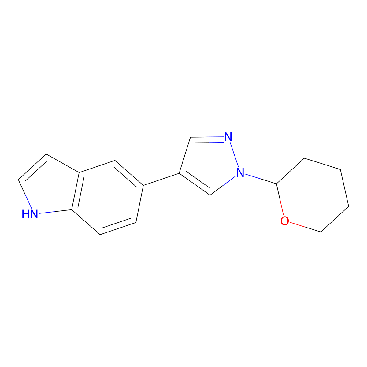 5-(1-(tetrahydro-2H-pyran-2-yl)-1H-pyrazol-4-yl)-1H-indole molecular structure, CAS 1808957-23-4