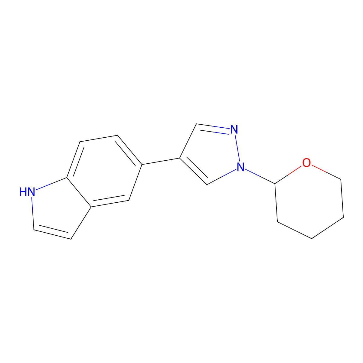 5-(1-(tetrahydro-2H-pyran-2-yl)-1H-pyrazol-4-yl)-1H-indole molecular structure, CAS 1808957-23-4
