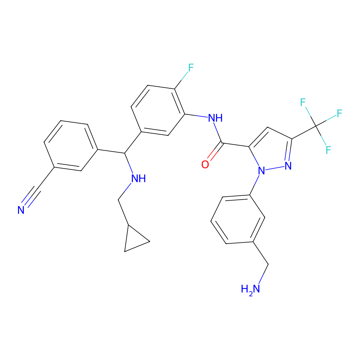 (+)-1-(3-(aminomethyl)phenyl)-N-(5-((3-cyanophenyl)(cyclopropyl-methylamino)methyl)-2-fluorophenyl)-3-(trifluoromethyl)-1H-pyrazole-5-carboxamide molecular structure, CAS 1809010-16-9