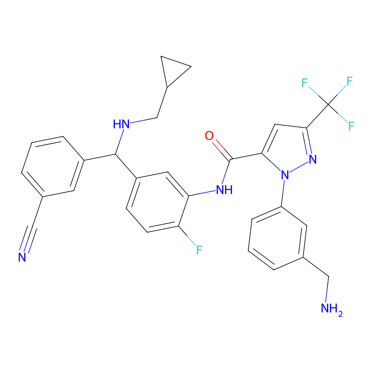 (+)-1-(3-(aminomethyl)phenyl)-N-(5-((3-cyanophenyl)(cyclopropyl-methylamino)methyl)-2-fluorophenyl)-3-(trifluoromethyl)-1H-pyrazole-5-carboxamide molecular structure, CAS 1809010-16-9