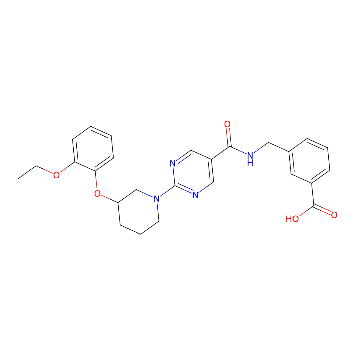 (R)-3-((2-(3-(2-ethoxyphenoxy)piperidin-1-yl)pyrimidine-5-carboxamido)methyl)benzoic acid molecular structure, CAS 1809064-23-0