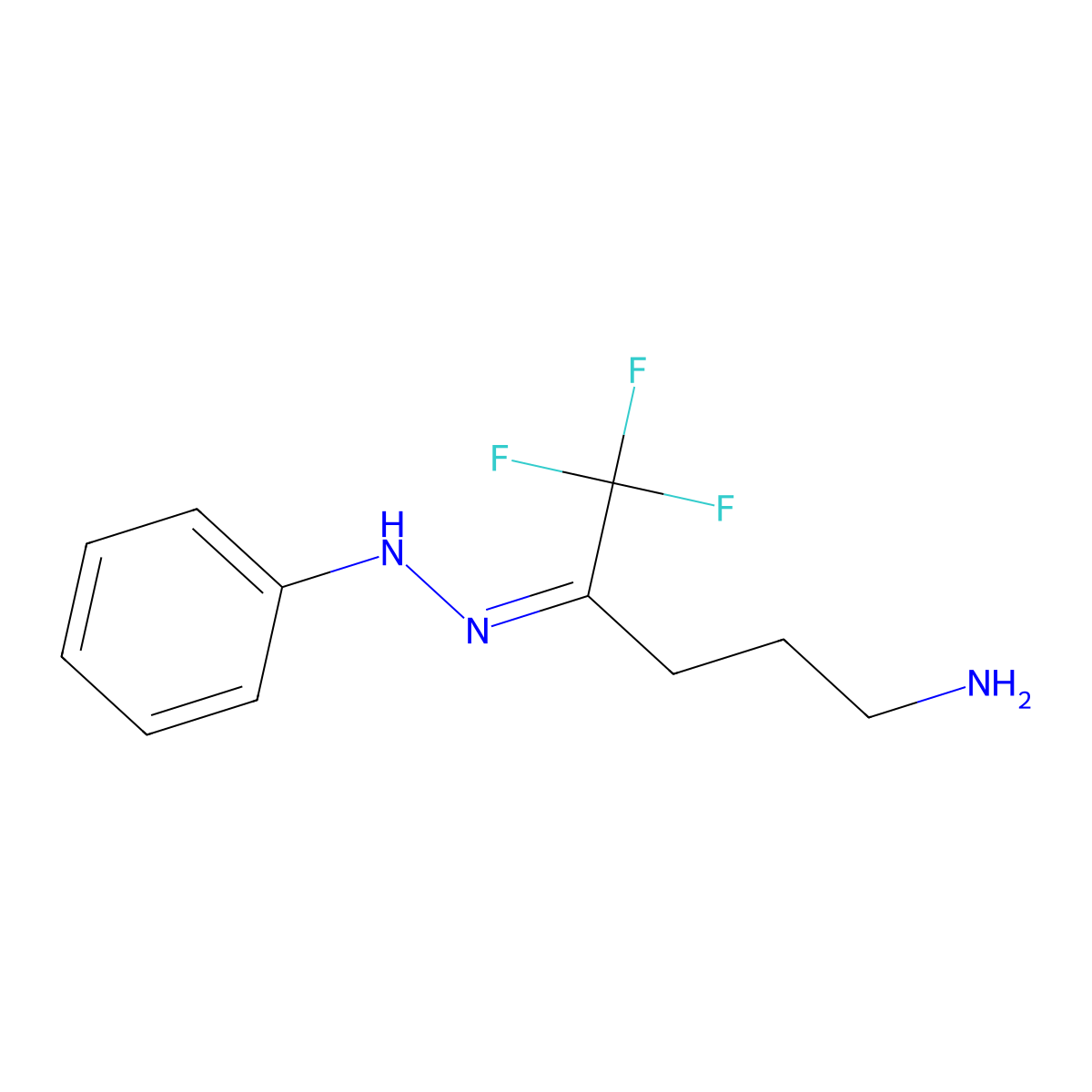 (E)-1-(5-Amino-1,1,1-trifluoropentan-2-ylidene)-2-phenylhydrazine molecular structure, CAS 1809176-29-1