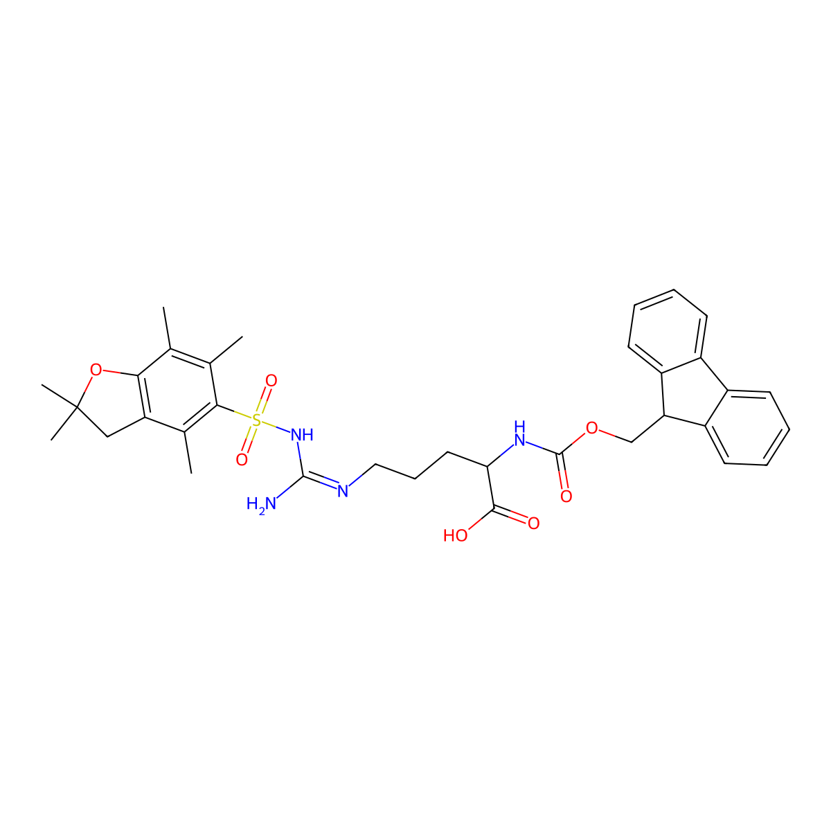 2-((((9H-Fluoren-9-yl)methoxy)carbonyl)amino)-5-(3-((2,2,4,6,7-pentamethyl-2,3-dihydrobenzofuran-5-yl)sulfonyl)guanidino)pentanoic acid molecular structure, CAS 1809177-30-7