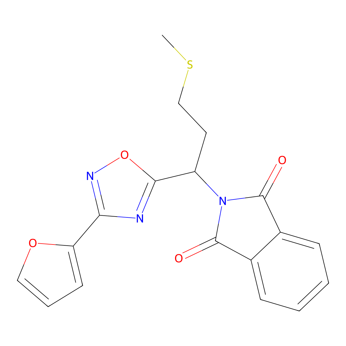 2-(1-(3-(Furan-2-yl)-1,2,4-oxadiazol-5-yl)-3-(methylthio)propyl)isoindoline-1,3-dione molecular structure, CAS 1809499-92-0