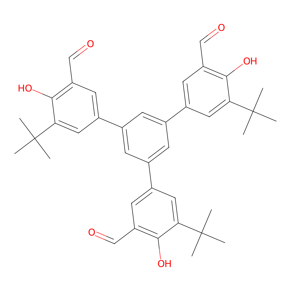 5,5''-Di-tert-butyl-5'-(3-(tert-butyl)-5-formyl-4-hydroxyphenyl)-4,4''-dihydroxy-[1,1':3',1''-terphenyl]-3,3''-dicarbaldehyde molecular structure, CAS 1809653-01-7