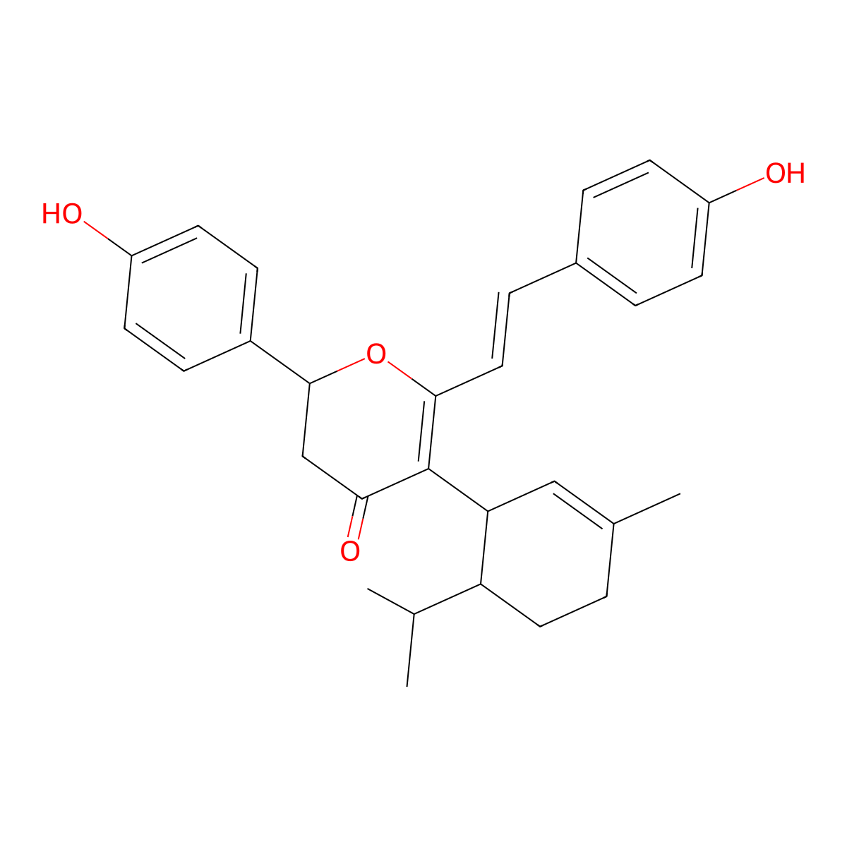 2-(4-Hydroxyphenyl)-6-[2-(4-hydroxyphenyl)ethenyl]-5-(3-methyl-6-propan-2-ylcyclohex-2-en-1-yl)-2,3-dihydropyran-4-one molecular structure, CAS 1810034-39-9