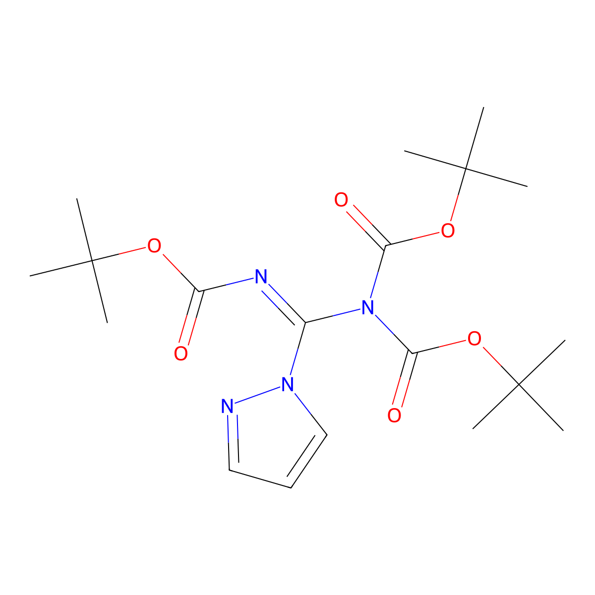 tert-butyl (Z)-(tert-butoxycarbonyl)(((tert-butoxycarbonyl)imino)(1H-pyrazol-1-yl)methyl)carbamate molecular structure, CAS 1810055-90-3
