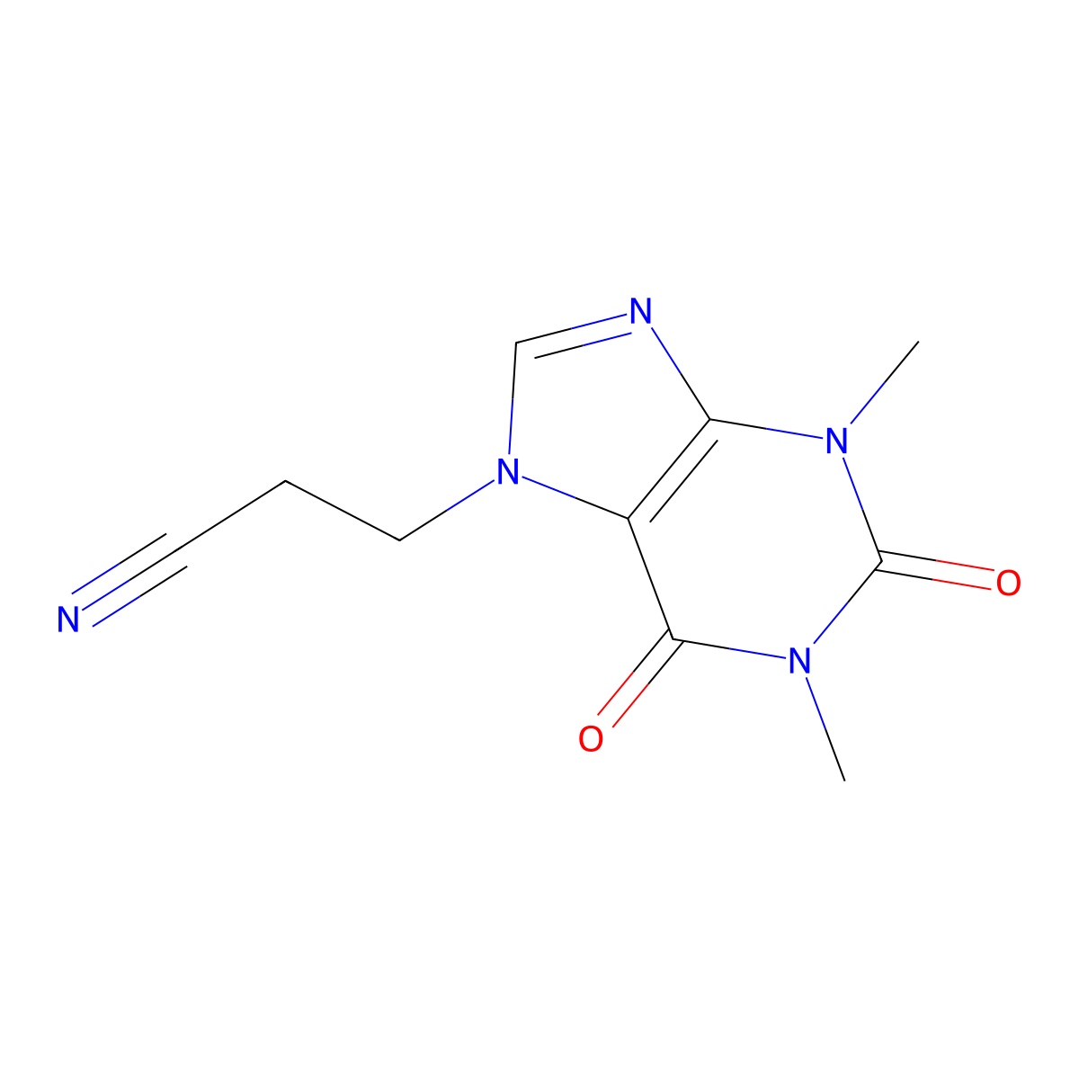 3-(1,3-Dimethyl-2,6-dioxo-1,2,3,6-tetrahydro-7H-purin-7-yl)propanenitrile molecular structure, CAS 1811-38-7