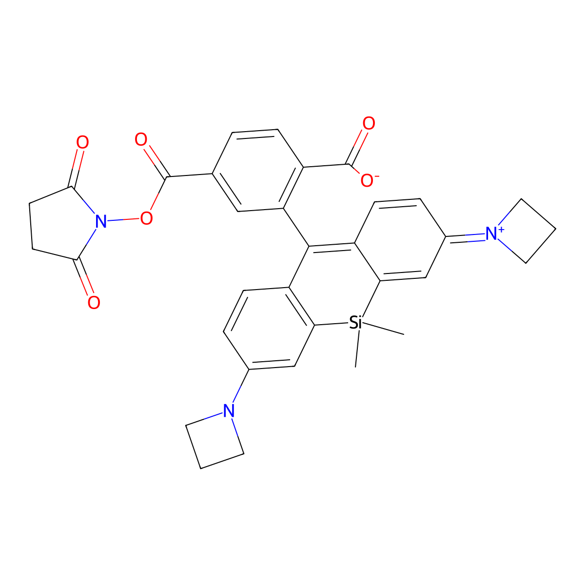 2-(3-(Azetidin-1-ium-1-ylidene)-7-(azetidin-1-yl)-5,5-dimethyl-3,5-dihydrodibenzo[b,e]silin-10-yl)-4-(((2,5-dioxopyrrolidin-1-yl)oxy)carbonyl)benzoate molecular structure, CAS 1811539-59-9