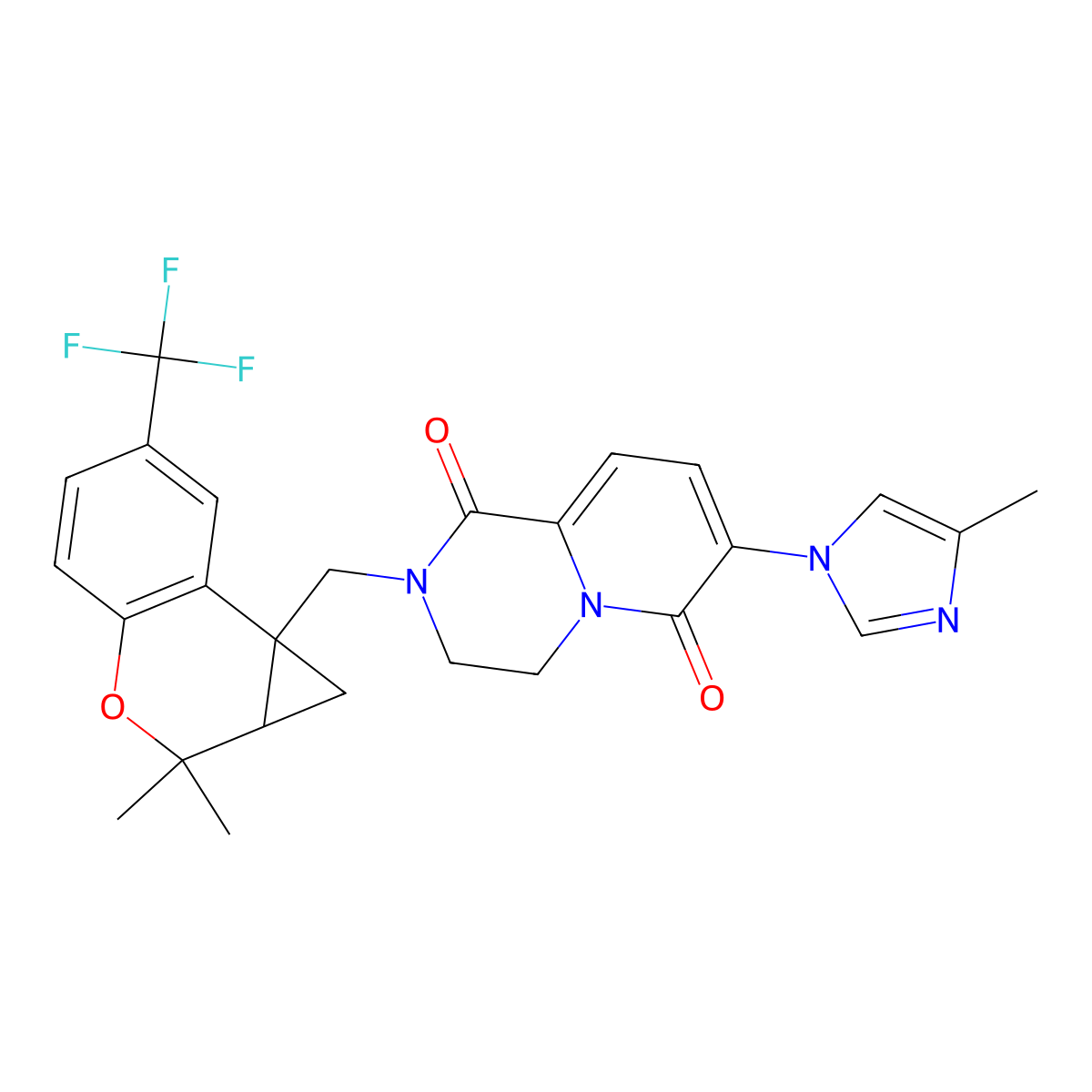 2-[[(1aS,7bS)-2,2-dimethyl-6-(trifluoromethyl)-1,1a-dihydrocyclopropa[c]chromen-7b-yl]methyl]-7-(4-methylimidazol-1-yl)-3,4-dihydropyrido[1,2-a]pyrazine-1,6-dione molecular structure, CAS 1812190-38-7