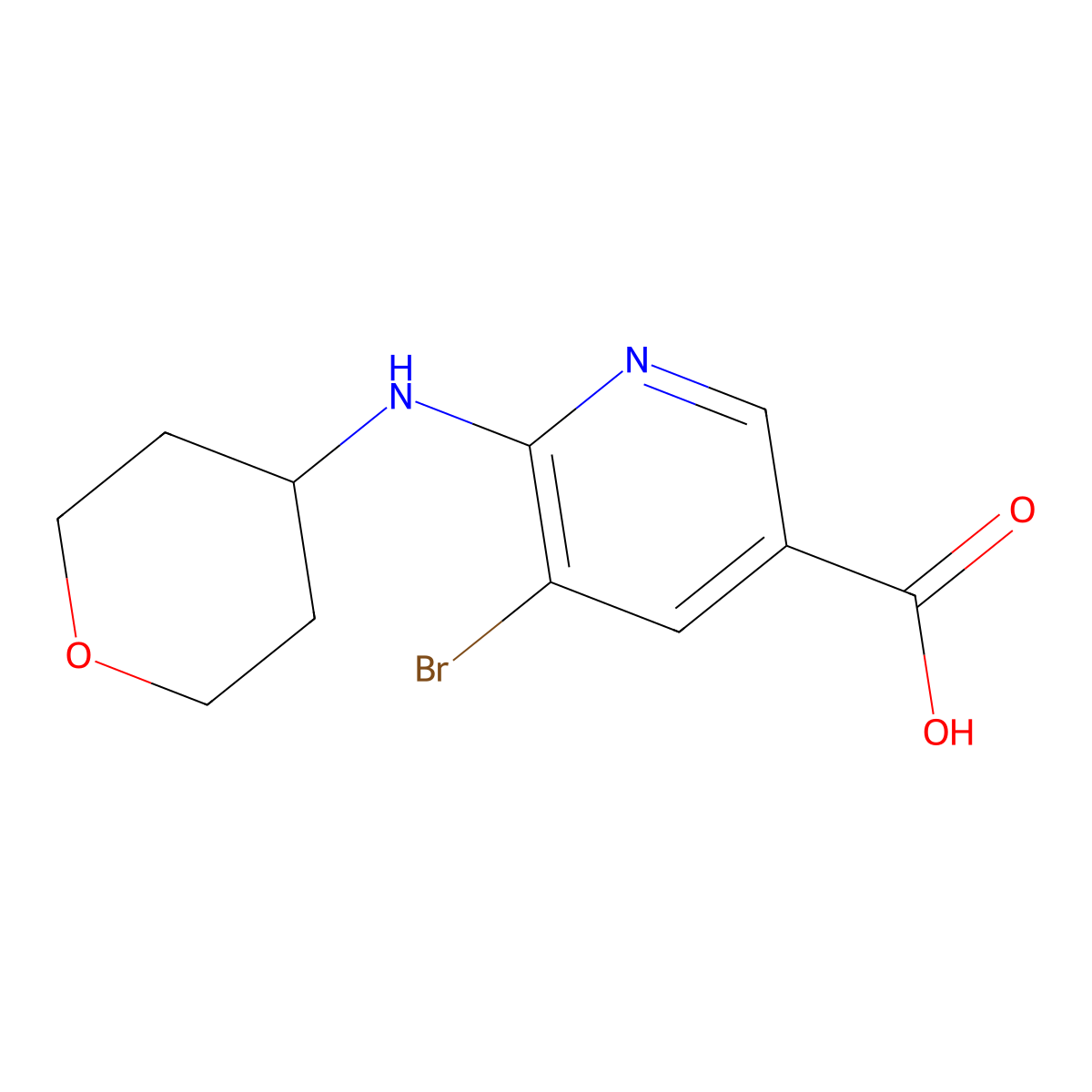 5-Bromo-6-((tetrahydro-2H-pyran-4-yl)amino)nicotinic acid molecular structure, CAS 1812198-15-4