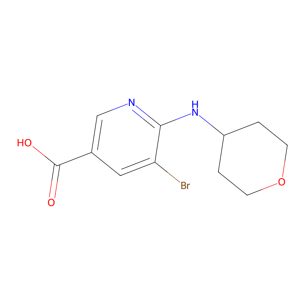 5-Bromo-6-((tetrahydro-2H-pyran-4-yl)amino)nicotinic acid molecular structure, CAS 1812198-15-4
