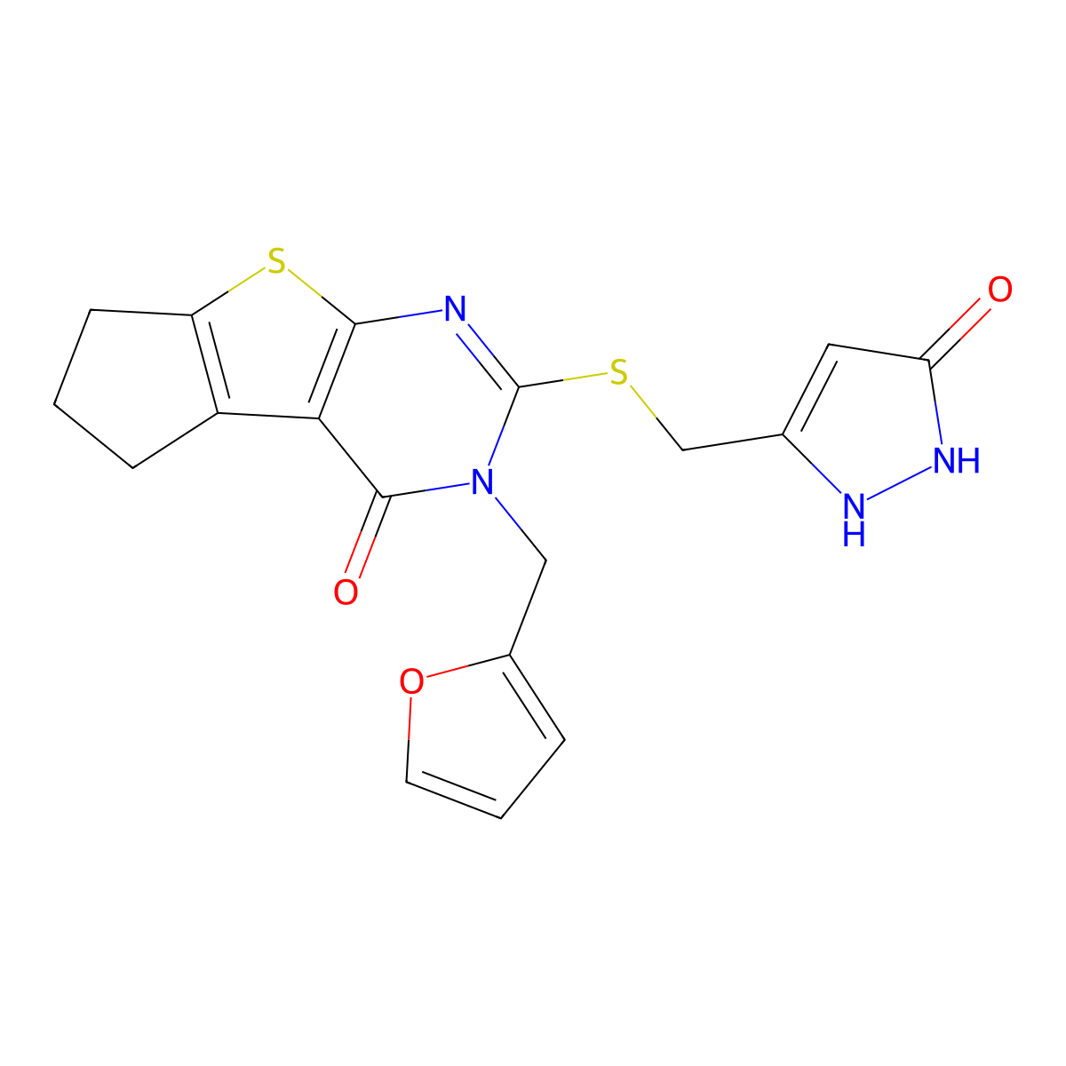 3-(furan-2-ylmethyl)-2-(((5-hydroxy-1H-pyrazol-3-yl)methyl)thio)-6,7-dihydro-3H-cyclopenta[4,5]thieno[2,3-d]pyrimidin-4(5H)-one molecular structure, CAS 1812856-36-2