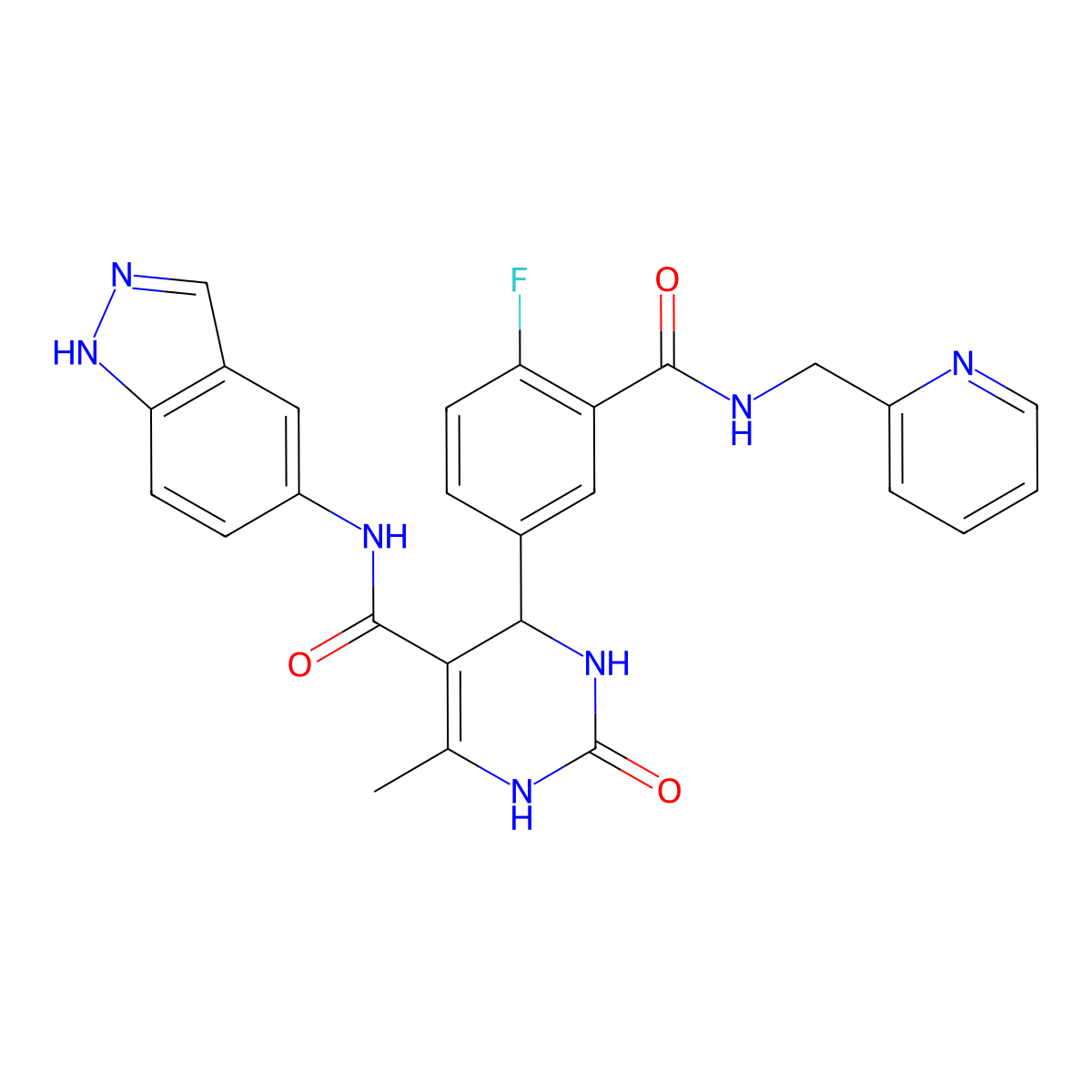 4-(4-fluoro-3-((pyridin-2-ylmethyl)carbamoyl)phenyl)-N-(1H-indazol-5-yl)-6-methyl-2-oxo-1,2,3,4-tetrahydropyrimidine-5-carboxamide molecular structure, CAS 1813527-81-9