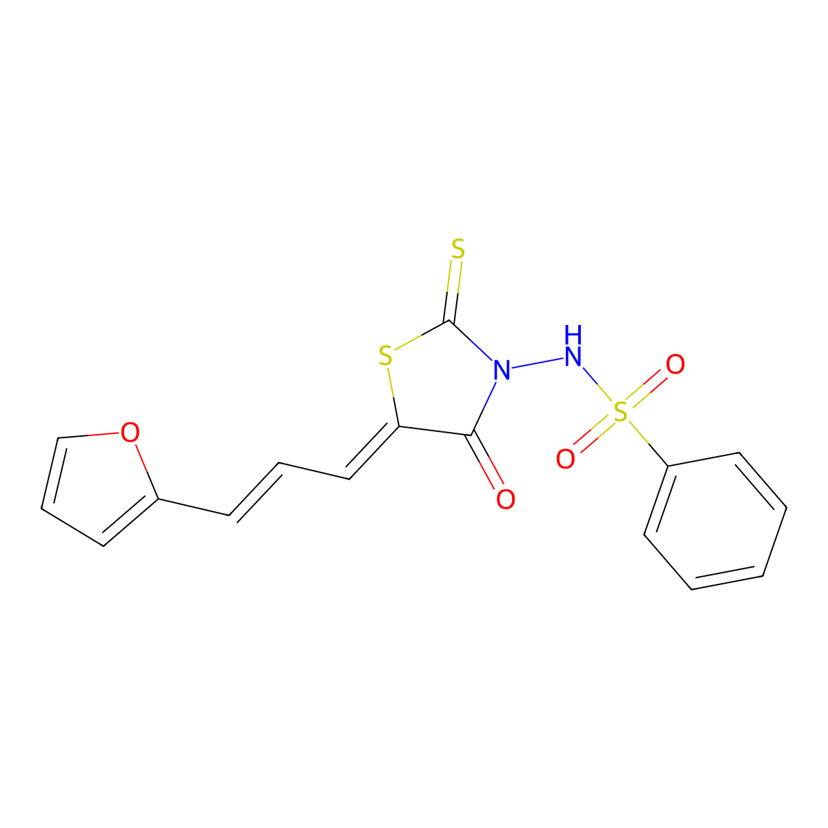 N-[(5Z)-5-[(E)-3-(furan-2-yl)prop-2-enylidene]-4-oxo-2-sulfanylidene-1,3-thiazolidin-3-yl]benzenesulfonamide molecular structure, CAS 1815598-71-0