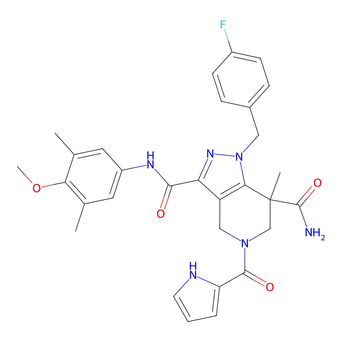 (S)-1-(4-fluorobenzyl)-N3-(4-methoxy-3,5-dimethylphenyl)-7-methyl-5-(1H-pyrrole-2-carbonyl)-4,5,6,7-tetrahydro-1H-pyrazolo[4,3-c]pyridine-3,7-dicarboxamide molecular structure, CAS 1816331-66-4