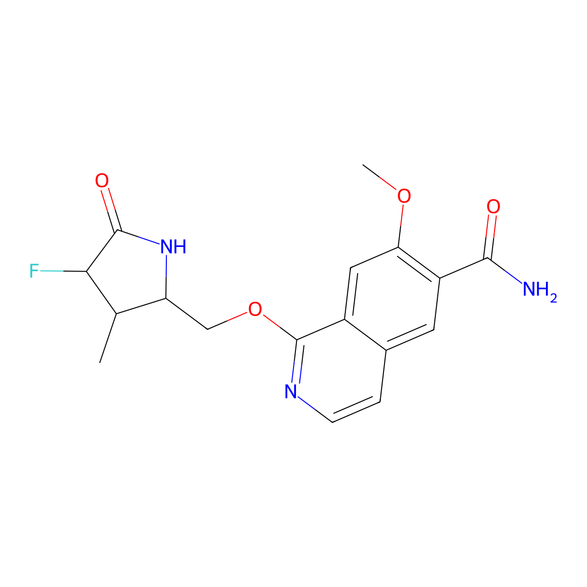 1-(((2S,3S,4S)-4-Fluoro-3-methyl-5-oxopyrrolidin-2-yl)methoxy)-7-methoxyisoquinoline-6-carboxamide molecular structure, CAS 1817628-40-2