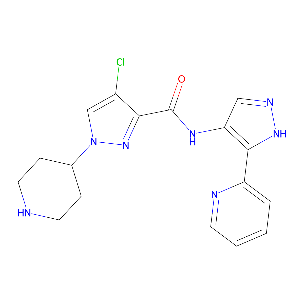 4-chloro-1-(4-piperidyl)-N-(5-(2-pyridyl)-1H-pyrazol-4-yl)pyrazole-3-carboxamide molecular structure, CAS 1817698-21-7
