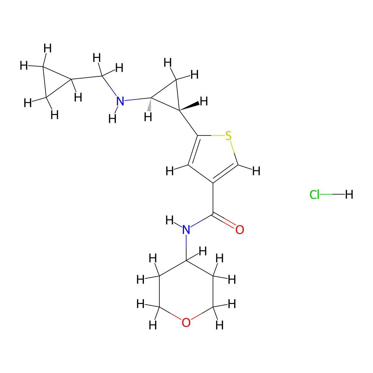 5-[(1S,2S)-2-[(Cyclopropylmethyl)amino]cyclopropyl]-N-(tetrahydro-2H-pyran-4-yl)thiophene-3-carboxamide hydrochloride molecular structure, CAS 1818253-48-3