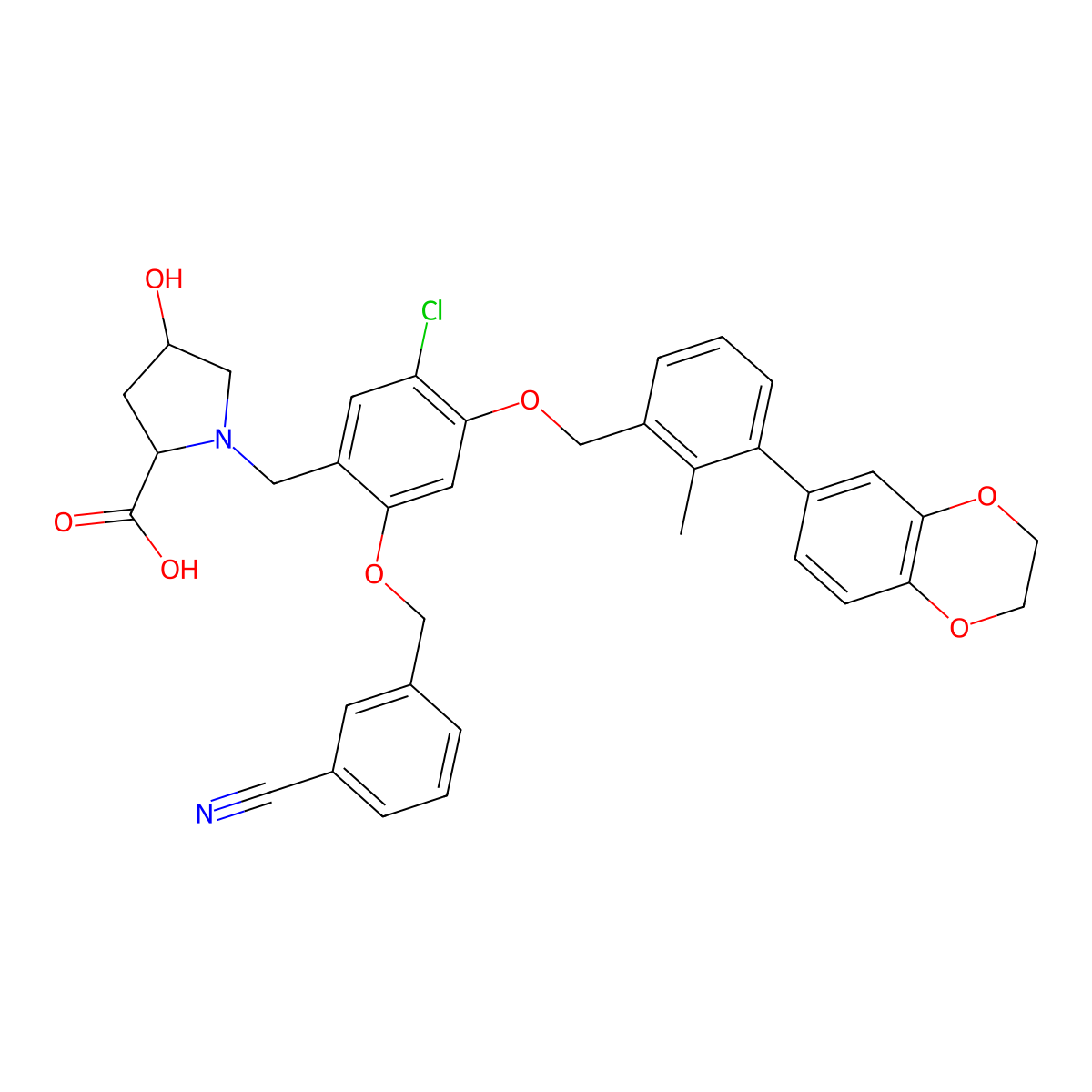 (2R,4R)-1-[[5-chloro-2-[(3-cyanophenyl)methoxy]-4-[[3-(2,3-dihydro-1,4-benzodioxin-6-yl)-2-methylphenyl]methoxy]phenyl]methyl]-4-hydroxypyrrolidine-2-carboxylic acid molecular structure, CAS 1818314-88-3