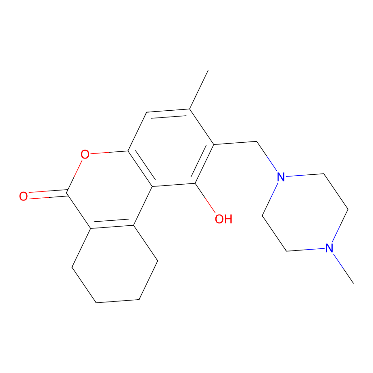 1-Hydroxy-3-methyl-2-[(4-methylpiperazin-1-yl)methyl]-7,8,9,10-tetrahydrobenzo[c]chromen-6-one molecular structure, CAS 18184-53-7