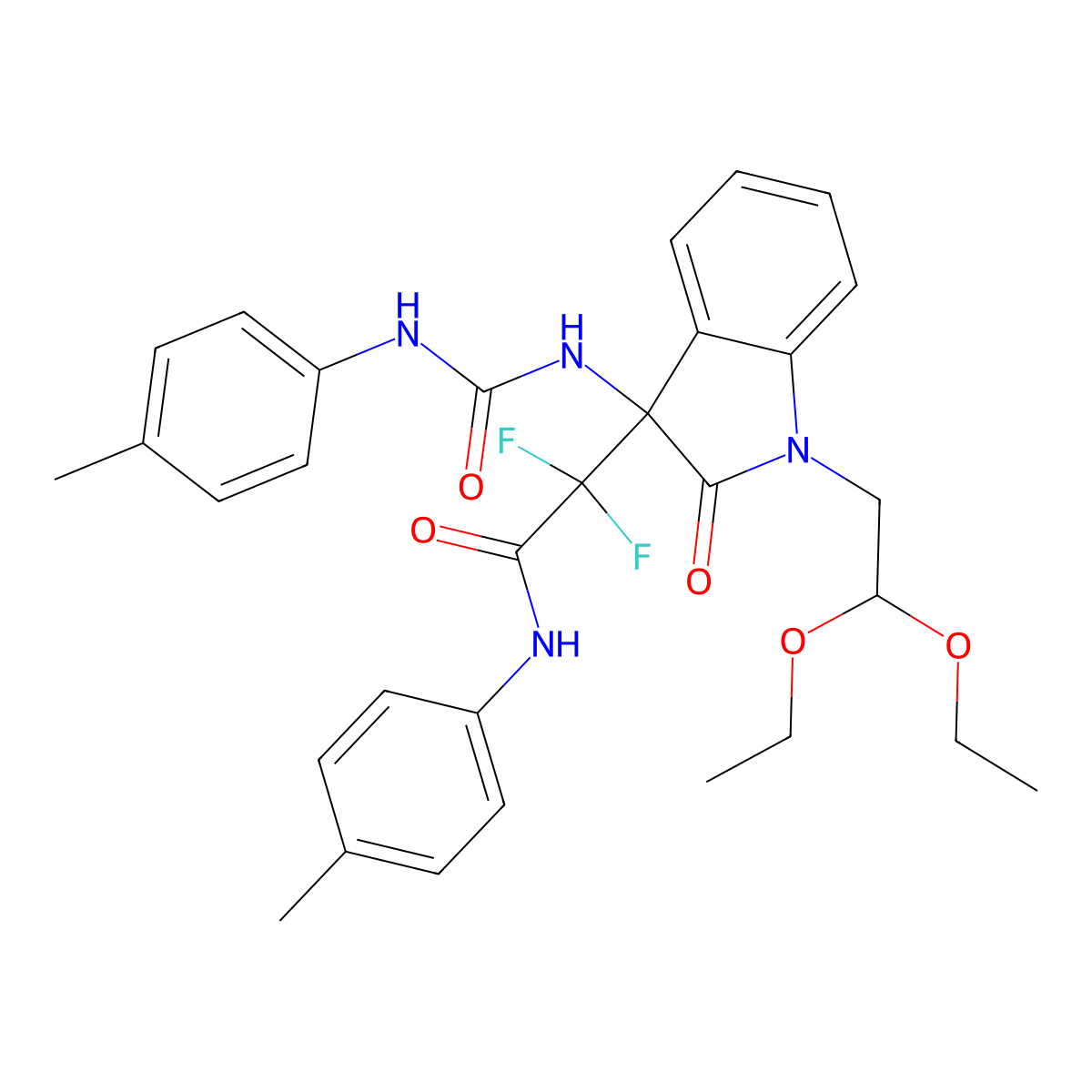 2-(1-(2,2-Diethoxyethyl)-2-oxo-3-(3-(P-tolyl)ureido)indolin-3-YL)-2,2-difluoro-N-(P-tolyl)acetamide molecular structure, CAS 1818436-82-6