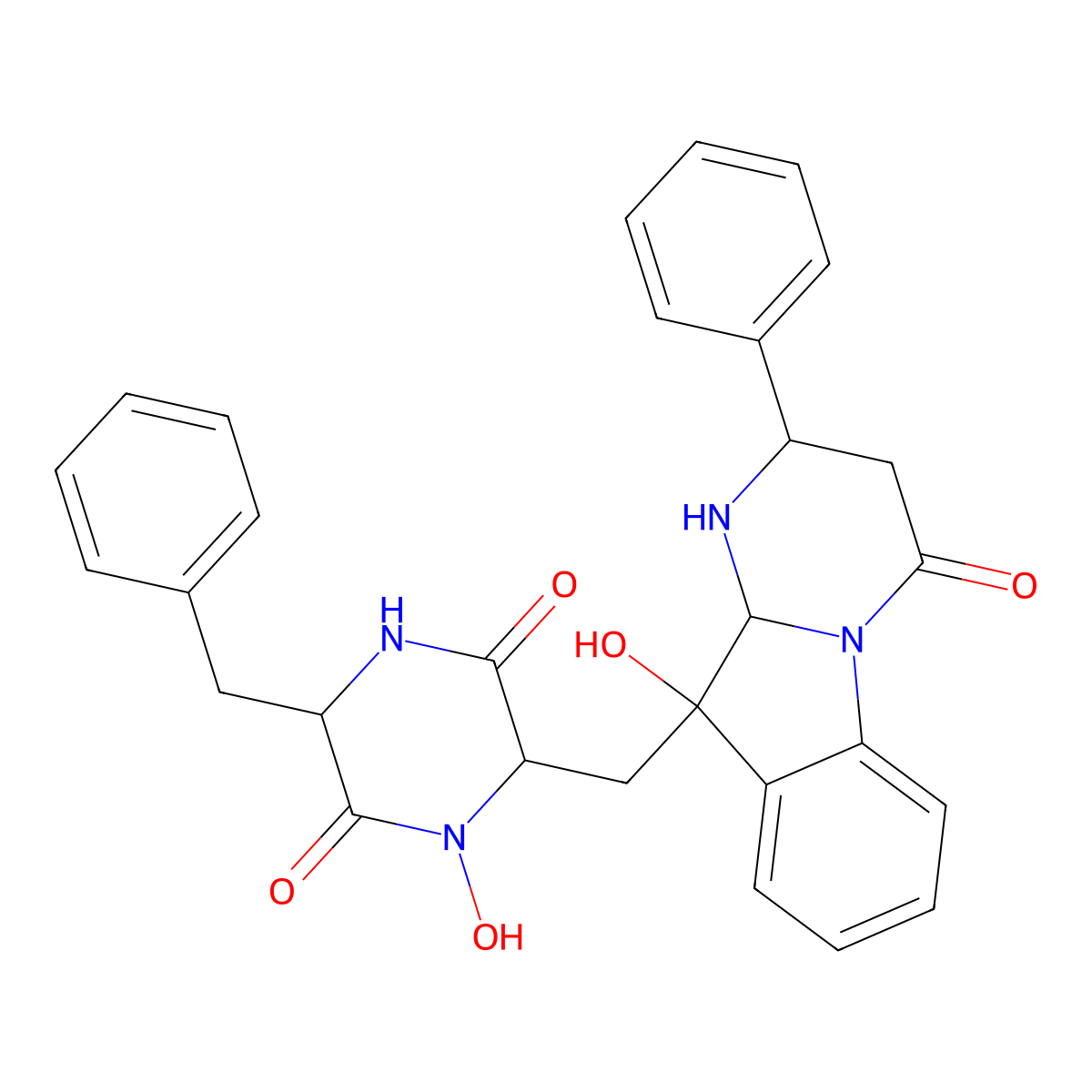 (3S,6S)-6-[[(2S,10R,10aR)-10-hydroxy-4-oxo-2-phenyl-1,2,3,10a-tetrahydropyrimido[1,2-a]indol-10-yl]methyl]-3-benzyl-1-hydroxypiperazine-2,5-dione molecular structure, CAS 1818844-73-3