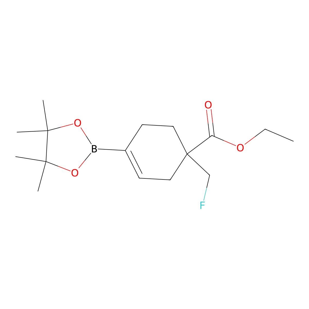 Ethyl 1-(fluoromethyl)-4-(tetramethyl-1,3,2-dioxaborolan-2-yl)cyclohex-3-ene-1-carboxylate molecular structure, CAS 1818868-37-9