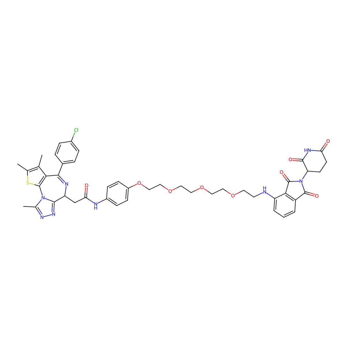 2-((S)-4-(4-chlorophenyl)-2,3,9-trimethyl-6H-thieno[3,2-f][1,2,4]triazolo[4,3-a][1,4]diazepin-6-yl)-N-(4-(2-(2-(2-(2-((2-(2,6-dioxopiperidin-3-yl)-1,3-dioxoisoindolin-4-yl)amino)ethoxy)ethoxy)ethoxy)ethoxy)phenyl)acetamide molecular structure, CAS 1818885-28-7
