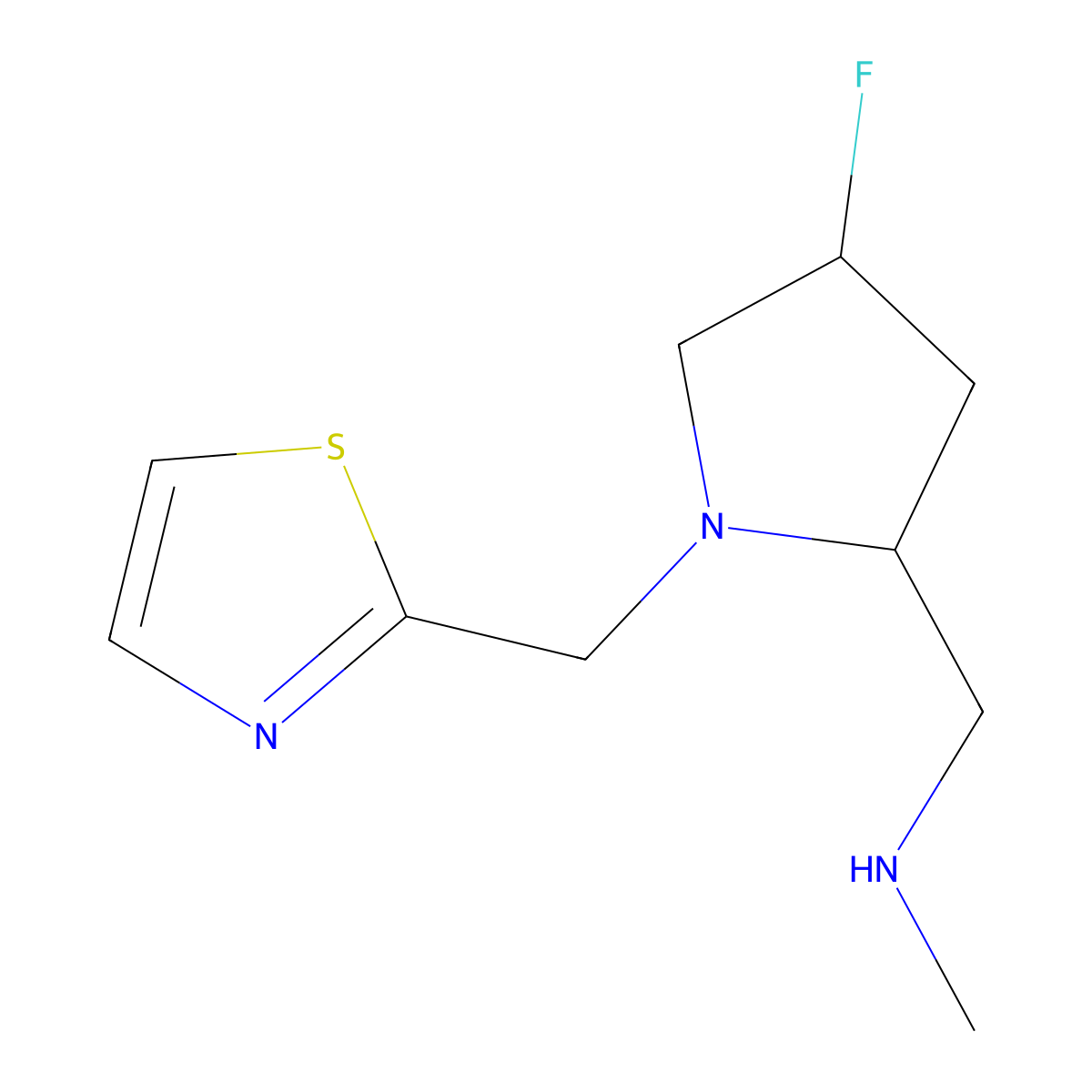 {[(2S,4S)-4-fluoro-1-[(1,3-thiazol-2-yl)methyl]pyrrolidin-2-yl]methyl}(methyl)amine, cis molecular structure, CAS 1820574-26-2