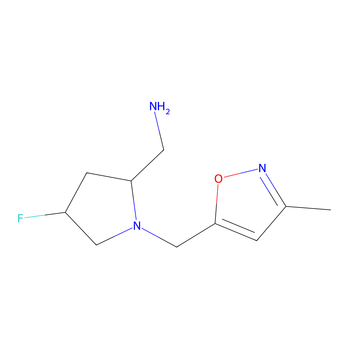 ((2S,4S)-4-fluoro-1-((3-methyl-1,2-oxazol-5-yl)methyl)pyrrolidin-2-yl)methanamine molecular structure, CAS 1820576-20-2