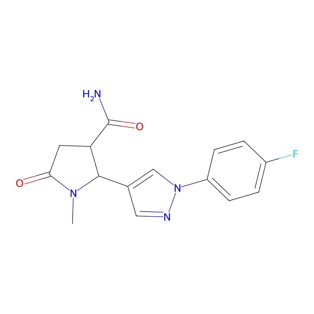 2-[1-(4-fluorophenyl)-1H-pyrazol-4-yl]-1-methyl-5-oxopyrrolidine-3-carboxamide, trans molecular structure, CAS 1820581-12-1