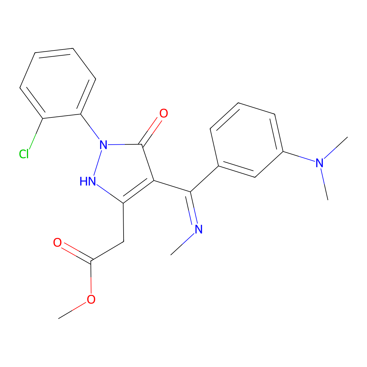 (Z)-Methyl 2-(1-(2-chlorophenyl)-4-((3-(dimethylamino)phenyl)(methylamino)methylene)-5-oxo-4,5-dihydro-1H-pyrazol-3-yl)acetate molecular structure, CAS 1820587-57-2