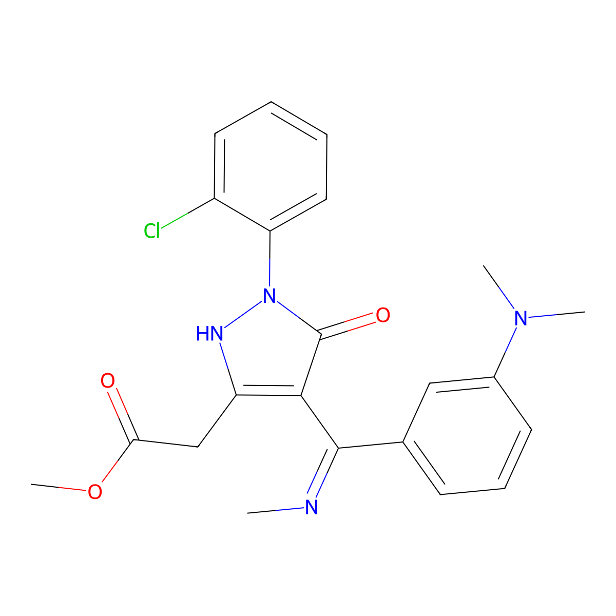 (Z)-Methyl 2-(1-(2-chlorophenyl)-4-((3-(dimethylamino)phenyl)(methylamino)methylene)-5-oxo-4,5-dihydro-1H-pyrazol-3-yl)acetate molecular structure, CAS 1820587-57-2