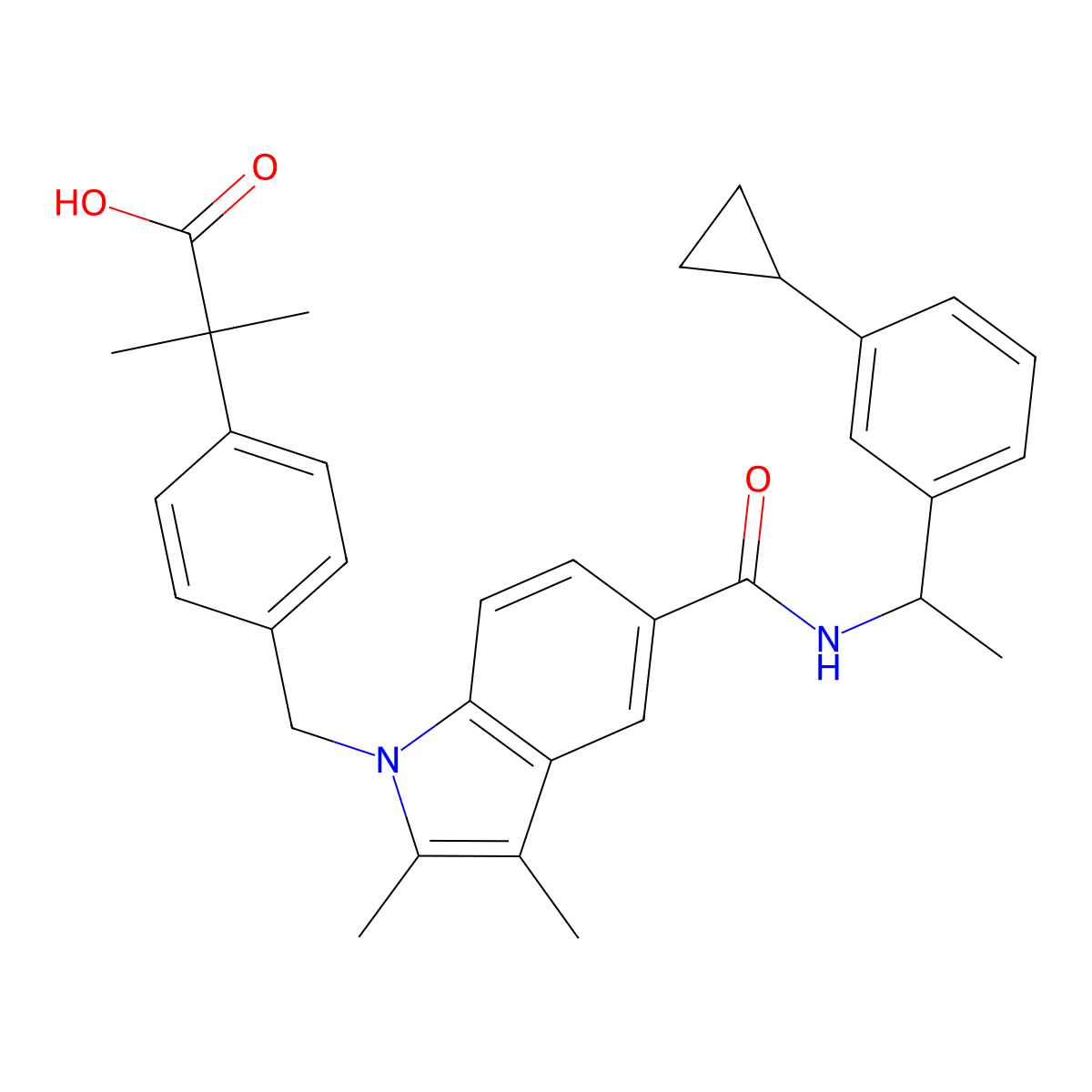 2-[4-[[5-[[(1S)-1-(3-cyclopropylphenyl)ethyl]carbamoyl]-2,3-dimethylindol-1-yl]methyl]phenyl]-2-methylpropanoic acid molecular structure, CAS 1820602-13-8