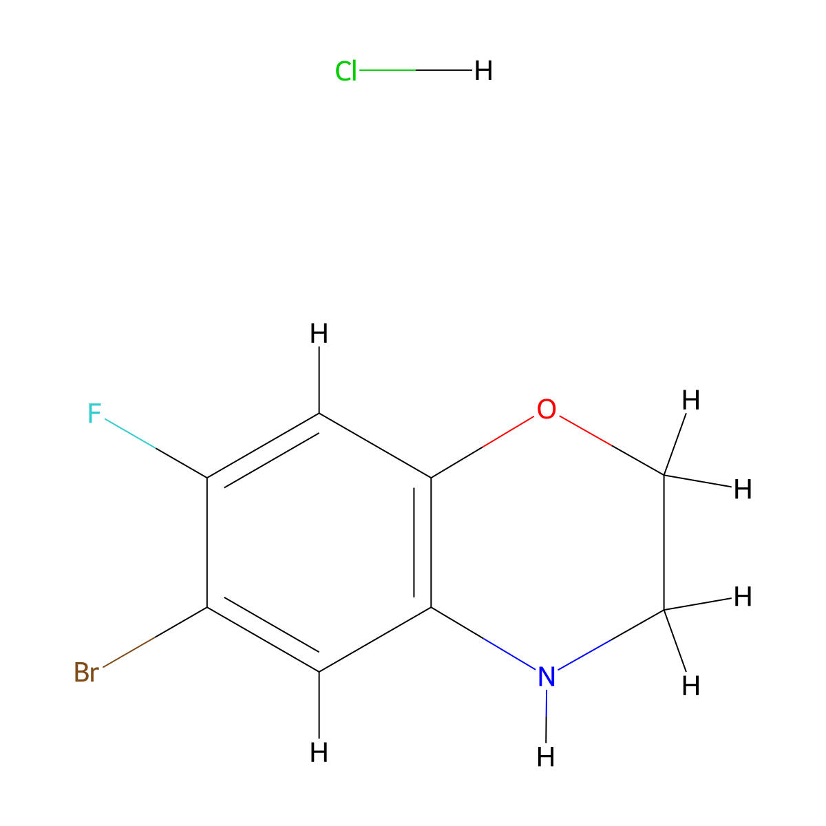 6-bromo-7-fluoro-3,4-dihydro-2H-1,4-benzoxazine hydrochloride molecular structure, CAS 1820619-11-1