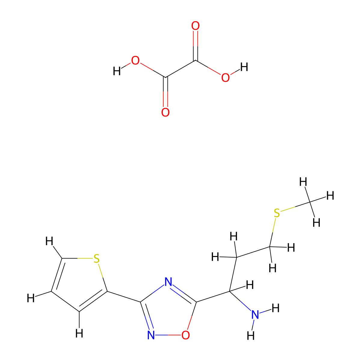 3-(Methylthio)-1-(3-(thiophen-2-yl)-1,2,4-oxadiazol-5-yl)propan-1-amine oxalate molecular structure, CAS 1820649-57-7