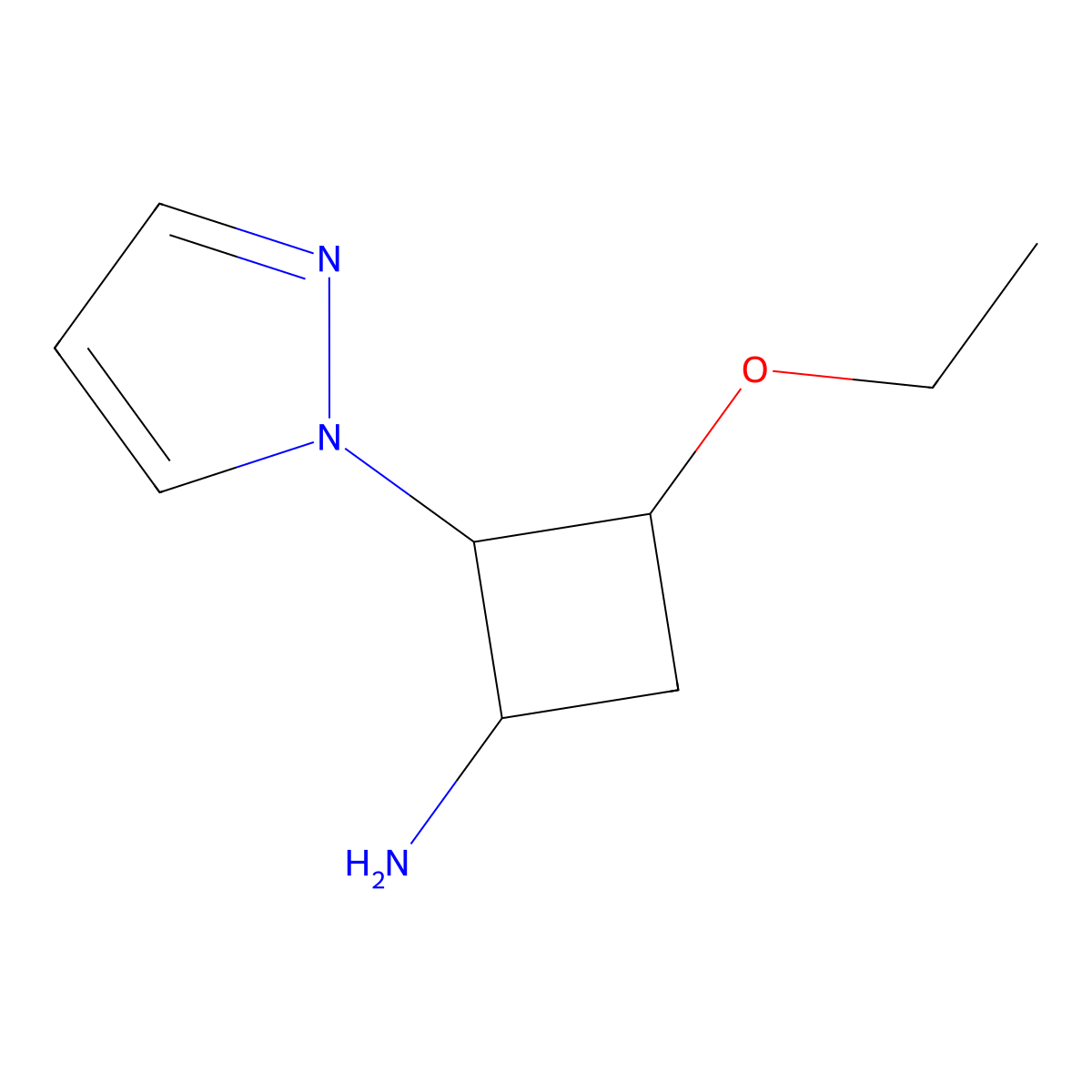 3-ethoxy-2-(1H-pyrazol-1-yl)cyclobutan-1-amine molecular structure, CAS 1820649-67-9