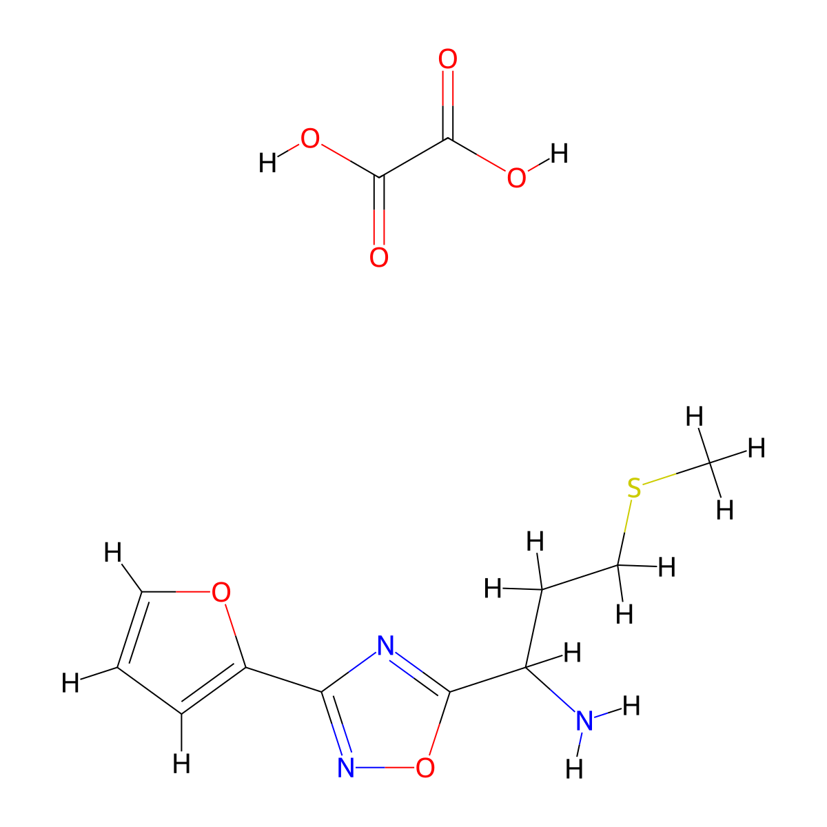 1-(3-(Furan-2-yl)-1,2,4-oxadiazol-5-yl)-3-(methylthio)propan-1-amine oxalate molecular structure, CAS 1820650-54-1