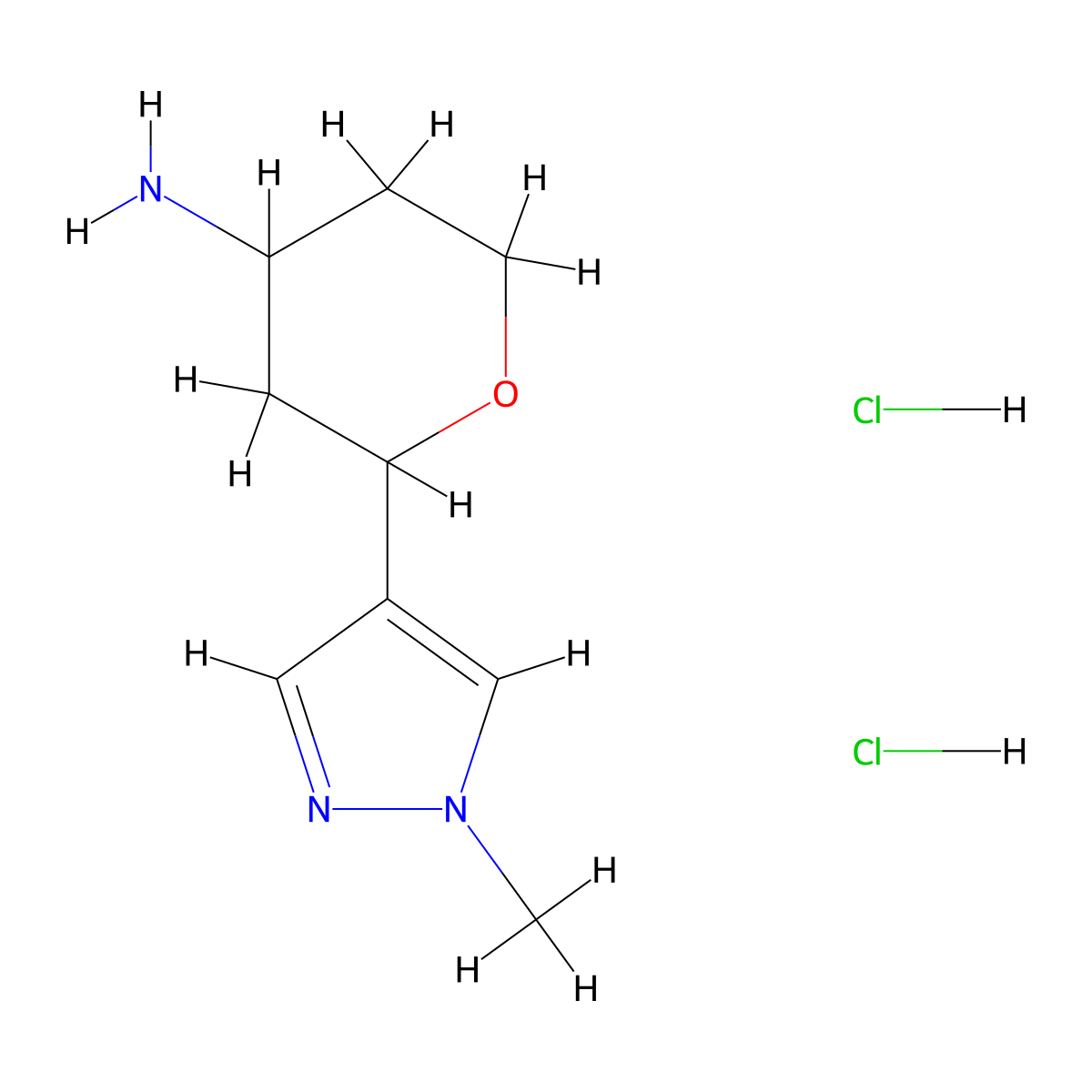 2-(1-methyl-1H-pyrazol-4-yl)oxan-4-amine dihydrochloride molecular structure, CAS 1820706-21-5