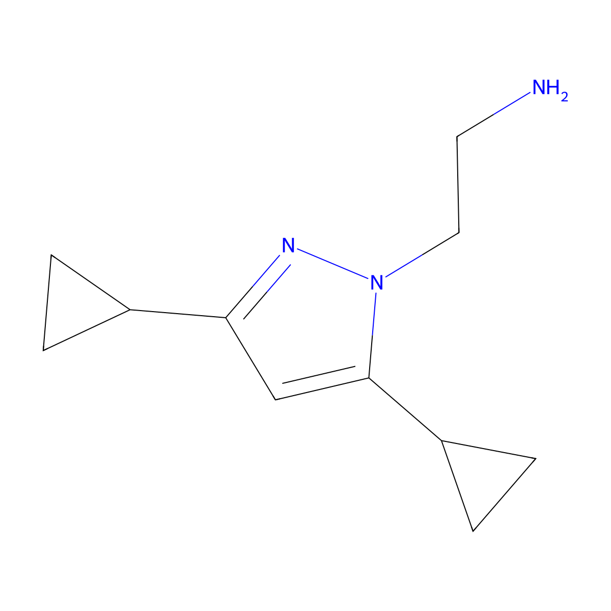 2-(3,5-dicyclopropyl-1H-pyrazol-1-yl)ethan-1-amine molecular structure, CAS 1820741-02-3