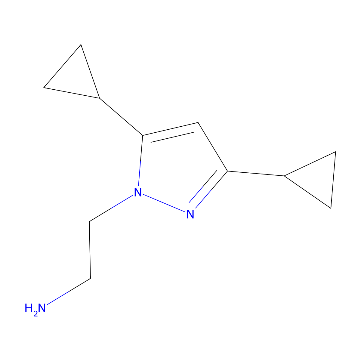 2-(3,5-dicyclopropyl-1H-pyrazol-1-yl)ethan-1-amine molecular structure, CAS 1820741-02-3