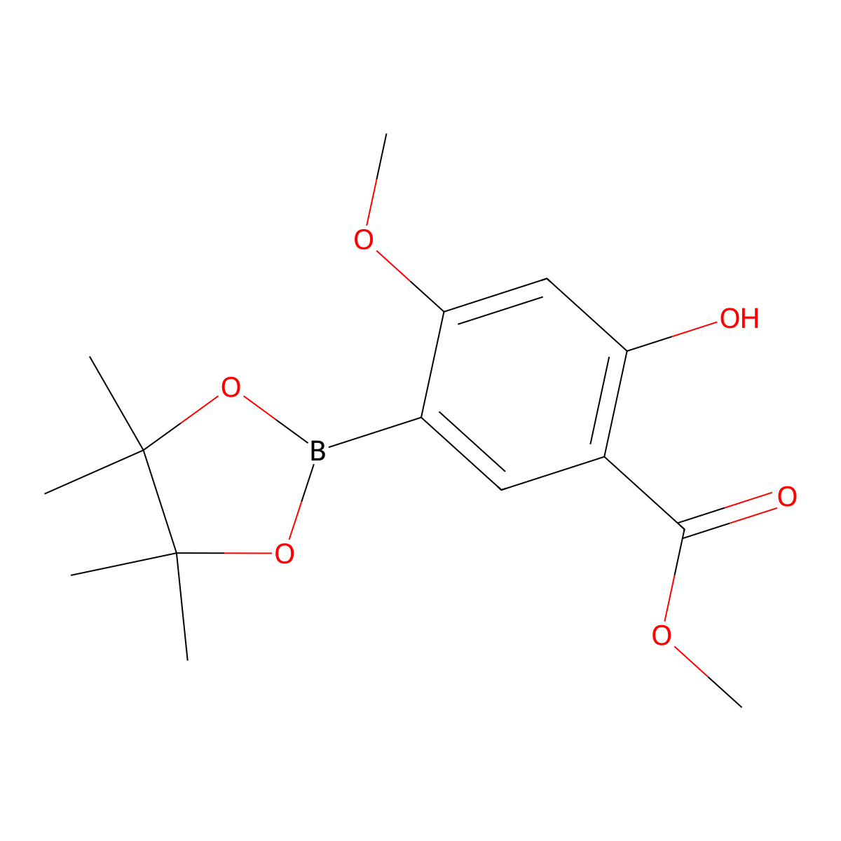 Methyl 2-hydroxy-4-methoxy-5-(4,4,5,5-tetramethyl-1,3,2-dioxaborolan-2-yl)benzoate molecular structure, CAS 1820813-99-7